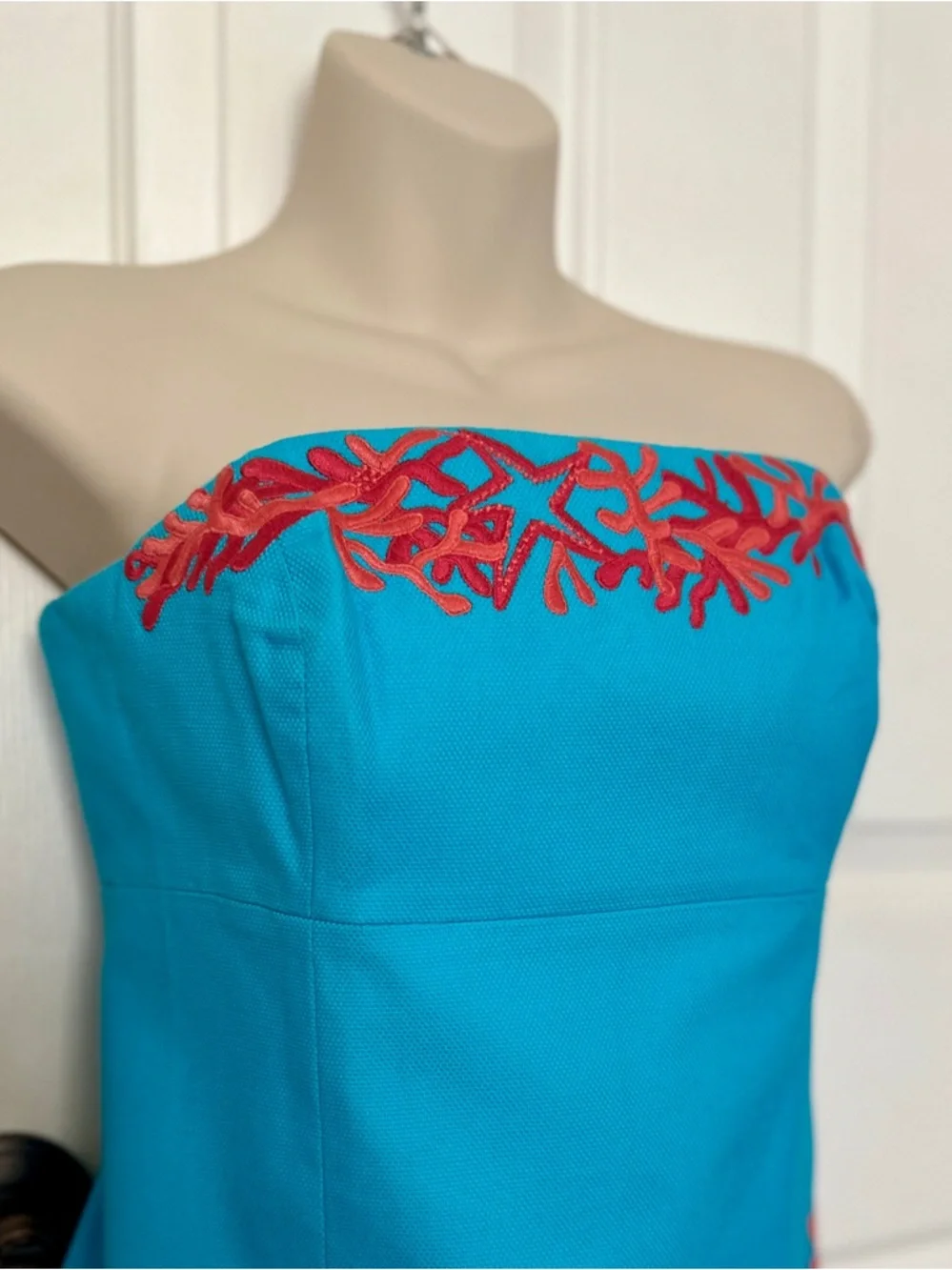 Lilly Pulitzer Turquoise Strapless Dress with Red Embroidered Accents - Picture 2 of 8